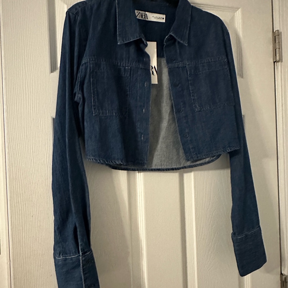 Zara Denim Button Down Cropped Shirt